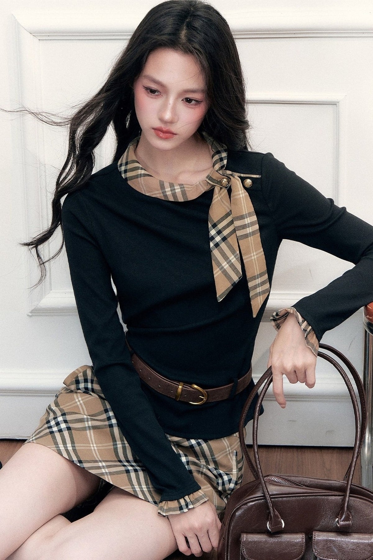 Ribbon Slim-Fit Blouse And Skirt