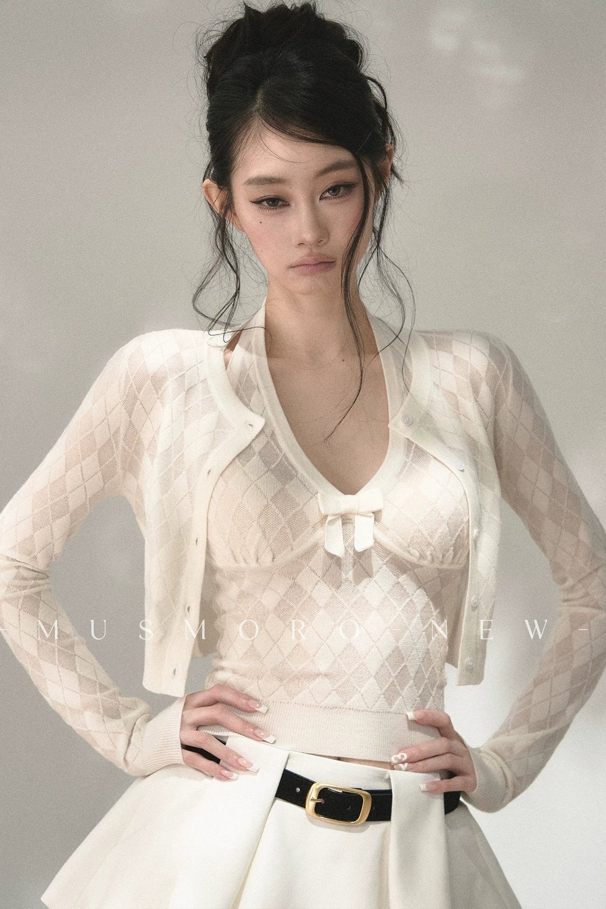 Argyle Knit Cardigan With Camisole