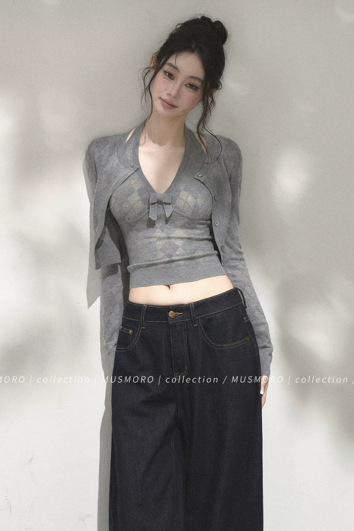 Argyle Knit Cardigan With Camisole