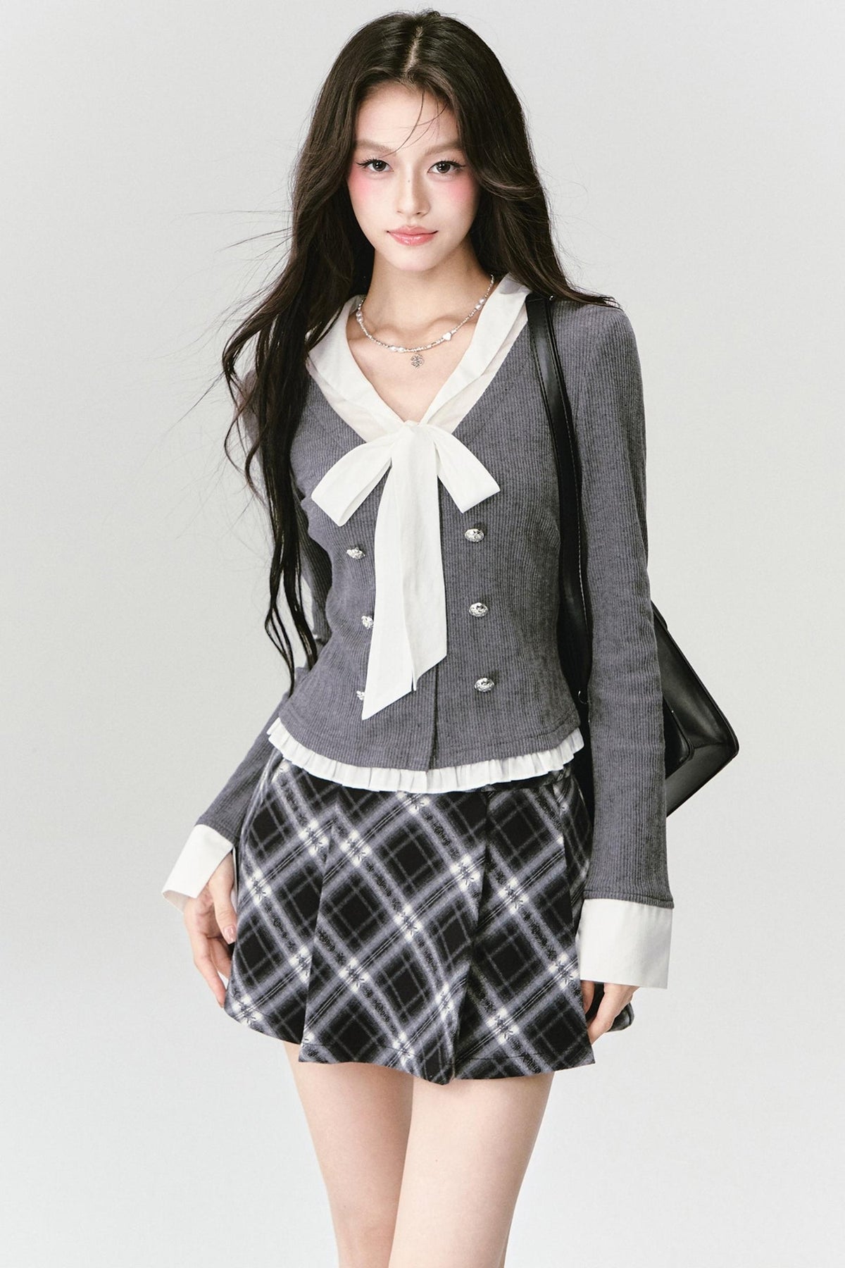 Bow Knit Fake Two-Piece College Top and Skirt