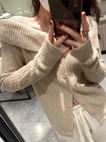 Ribbed Button Open Shoulder Wool Knitwear