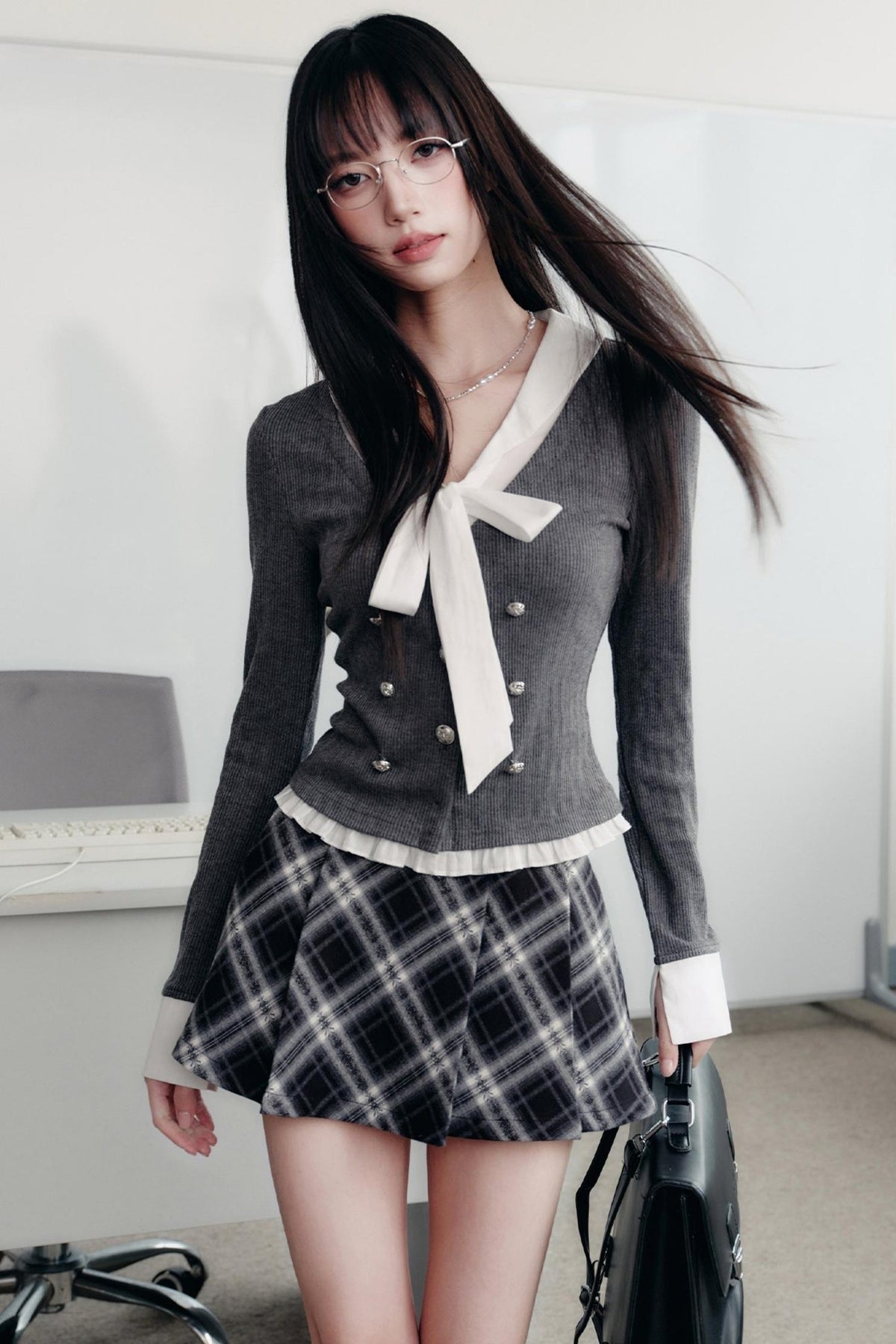 Bow Knit Fake Two-Piece College Top and Skirt
