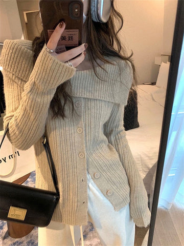 Ribbed Button Open Shoulder Wool Knitwear