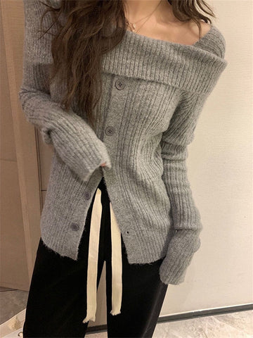 Ribbed Button Open Shoulder Wool Knitwear