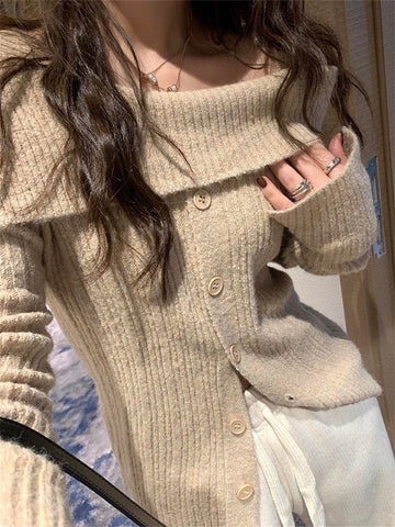 Ribbed Button Open Shoulder Wool Knitwear