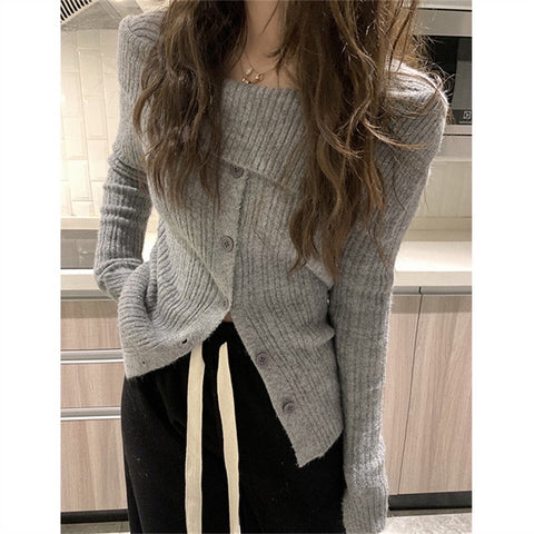 Ribbed Button Open Shoulder Wool Knitwear