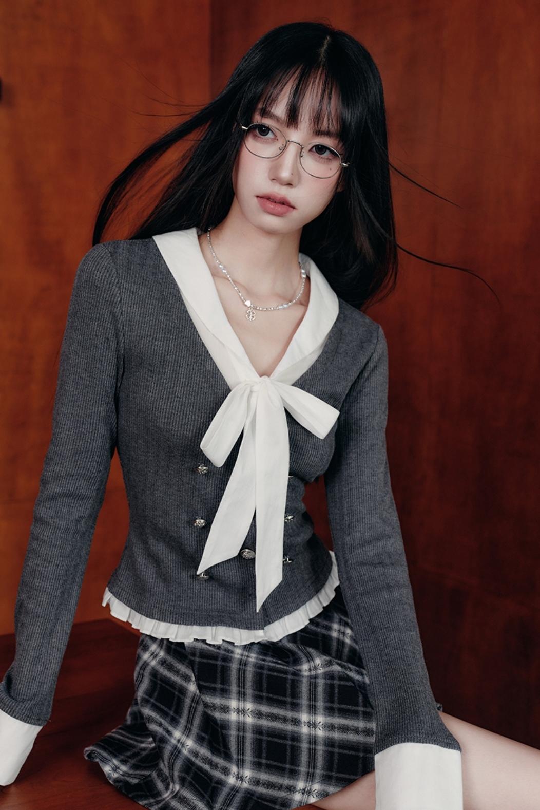 Bow Knit Fake Two-Piece College Top and Skirt