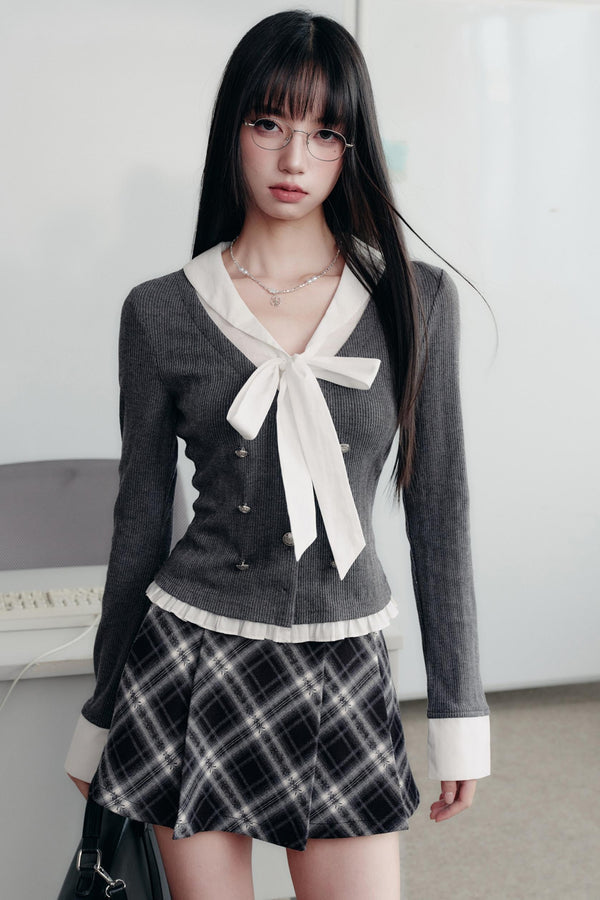 Bow Knit Fake Two-Piece College Top and Skirt
