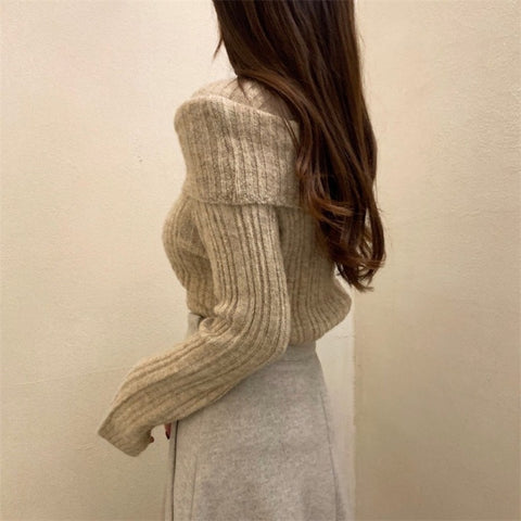 Ribbed Button Open Shoulder Wool Knitwear