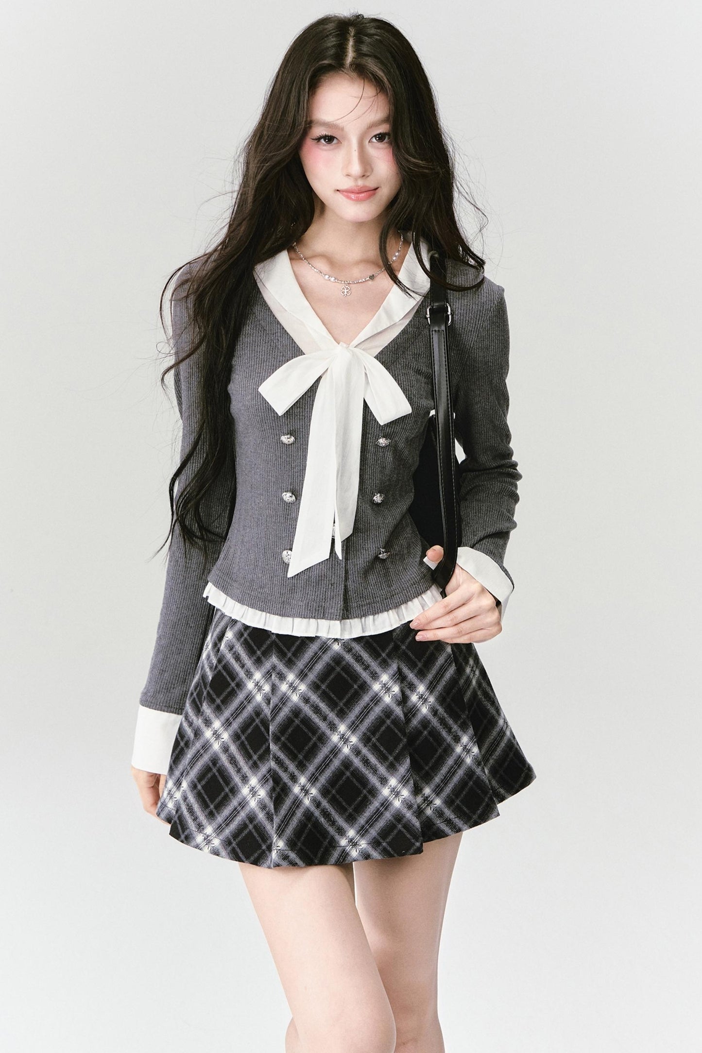 Bow Knit Fake Two-Piece College Top and Skirt