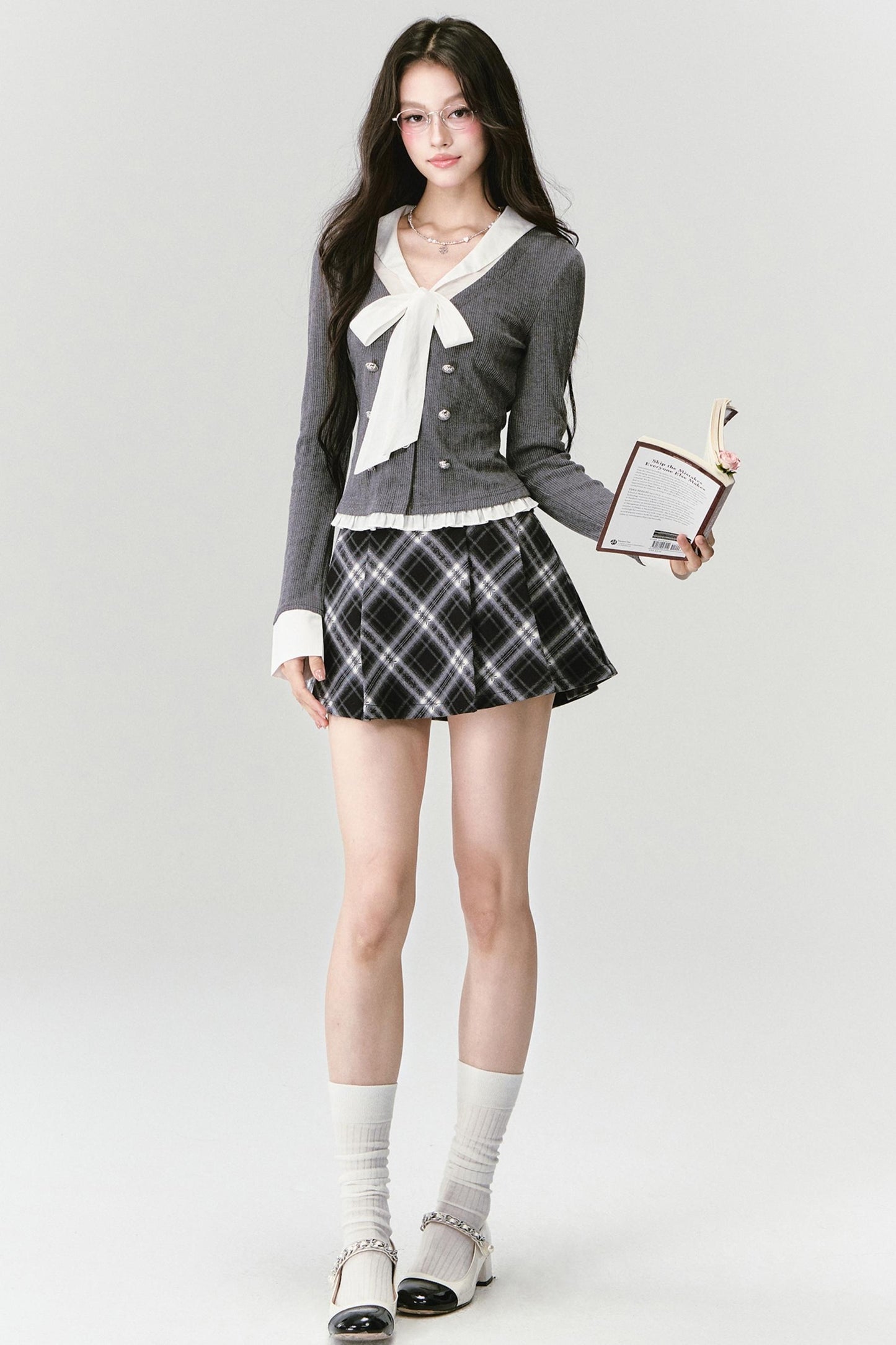 Bow Knit Fake Two-Piece College Top and Skirt