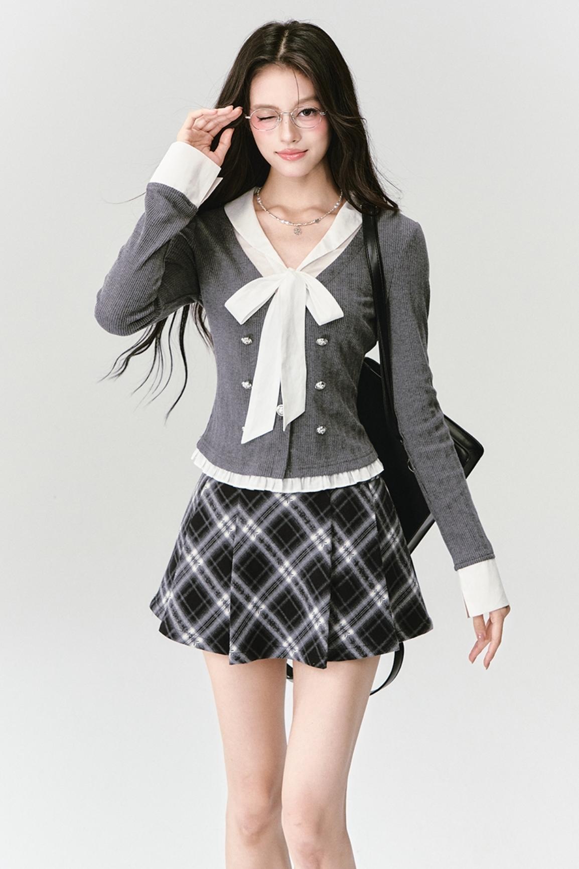 Bow Knit Fake Two-Piece College Top and Skirt
