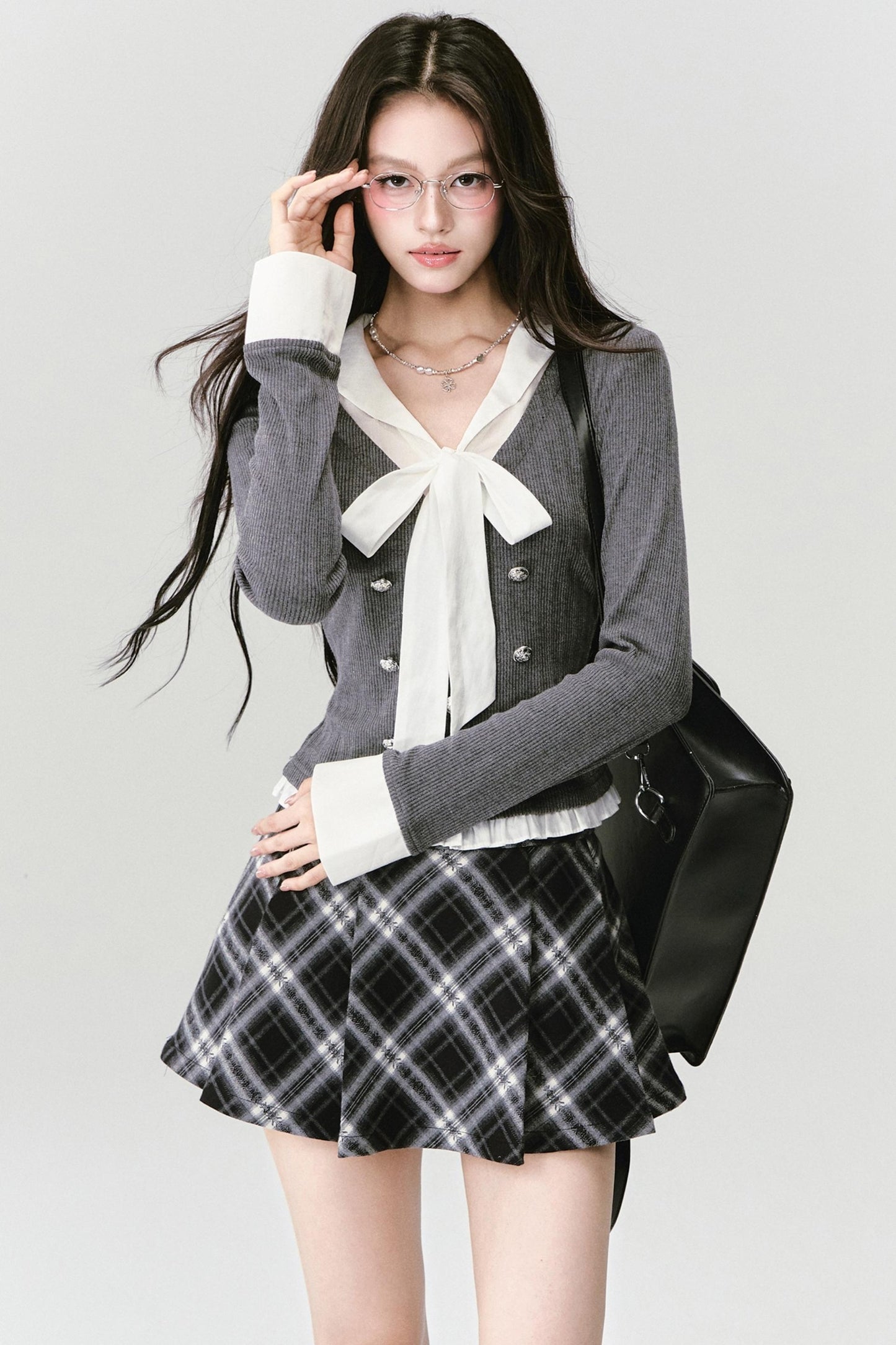 Bow Knit Fake Two-Piece College Top and Skirt