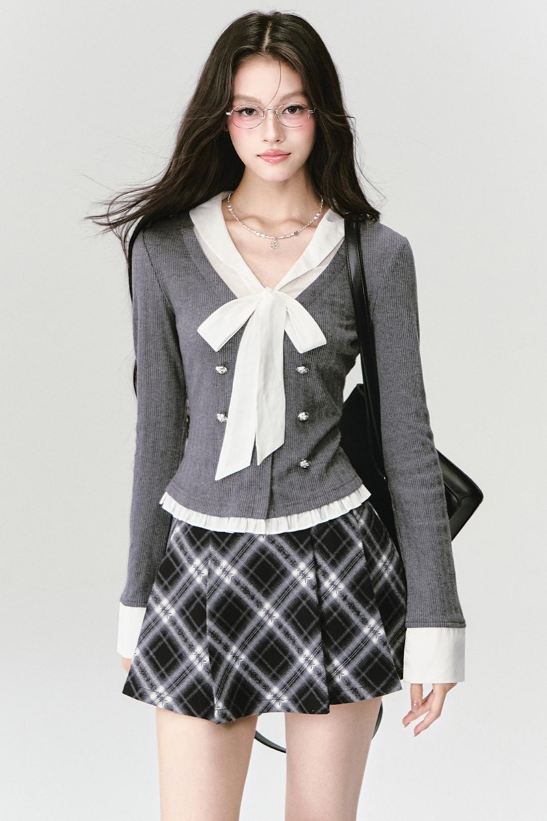 Bow Knit Fake Two-Piece College Top and Skirt