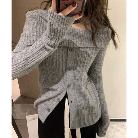 Ribbed Button Open Shoulder Wool Knitwear