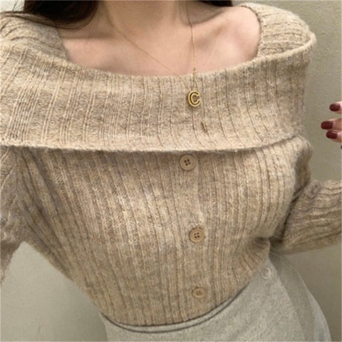 Ribbed Button Open Shoulder Wool Knitwear