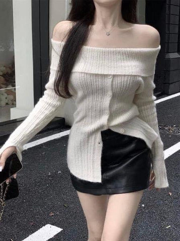 Ribbed Button Open Shoulder Wool Knitwear