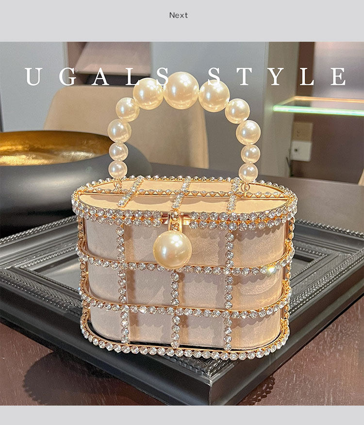 Metal Basket Bag With Rhinestones and Pearls Handle