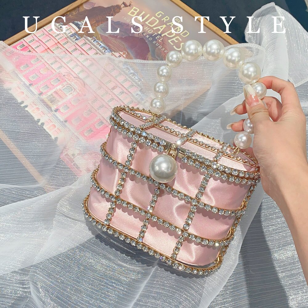 Metal Basket Bag With Rhinestones and Pearls Handle