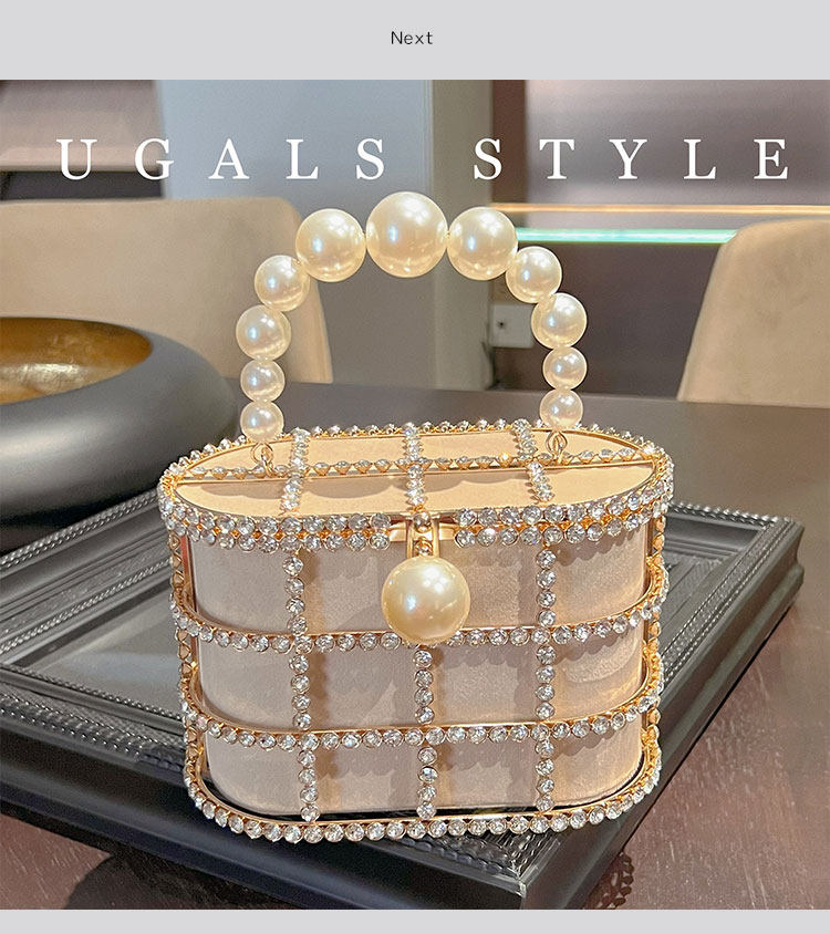 Metal Basket Bag With Rhinestones and Pearls Handle