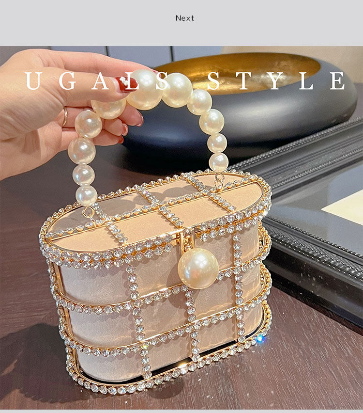 Metal Basket Bag With Rhinestones and Pearls Handle