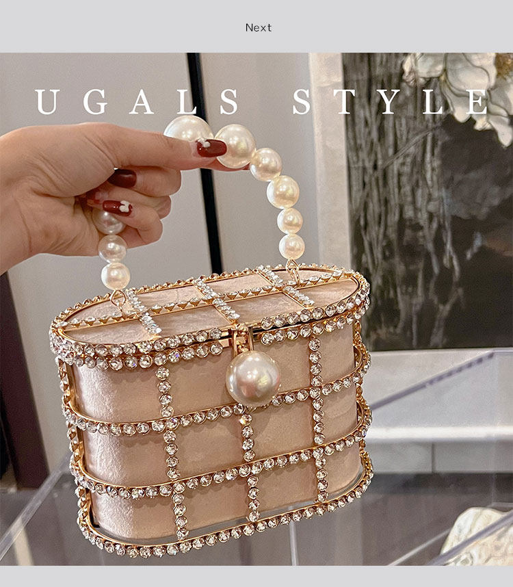 Metal Basket Bag With Rhinestones and Pearls Handle