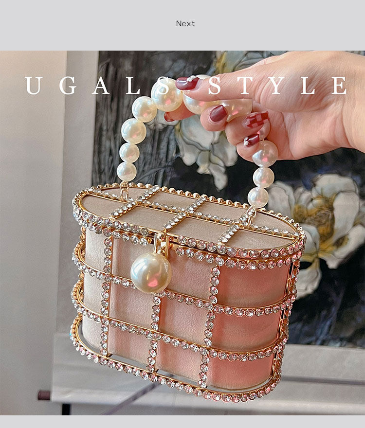 Metal Basket Bag With Rhinestones and Pearls Handle