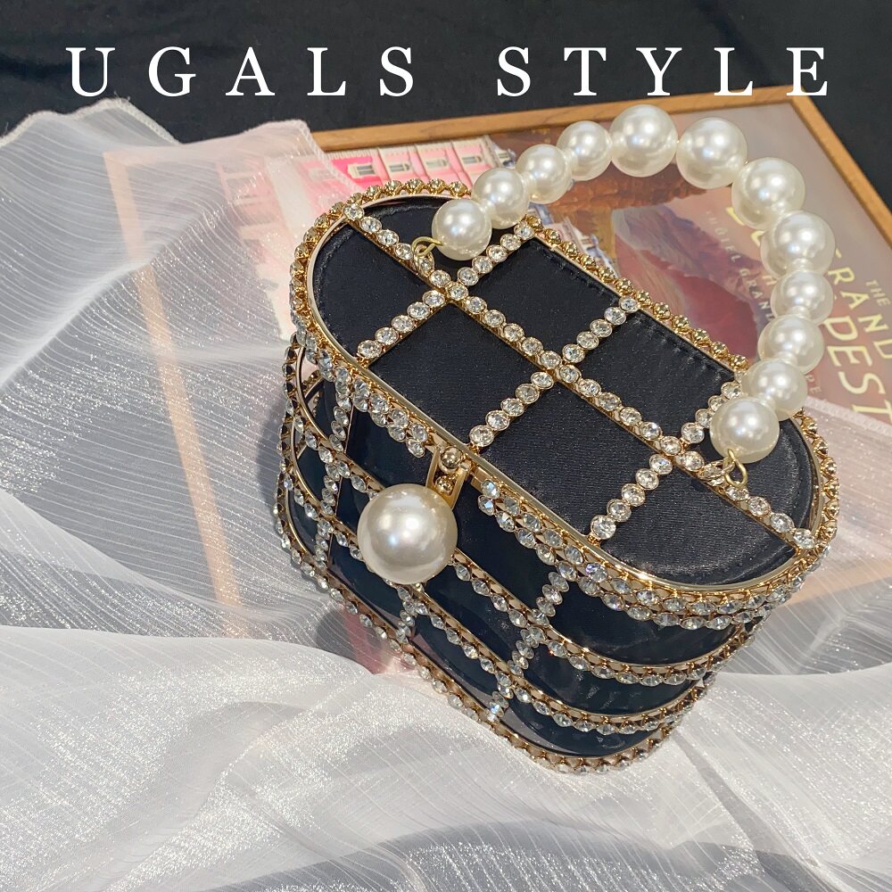 Metal Basket Bag With Rhinestones and Pearls Handle