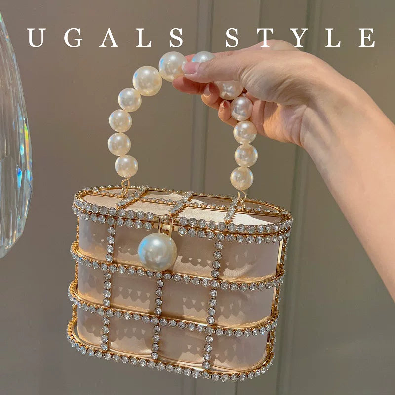 Metal Basket Bag With Rhinestones and Pearls Handle