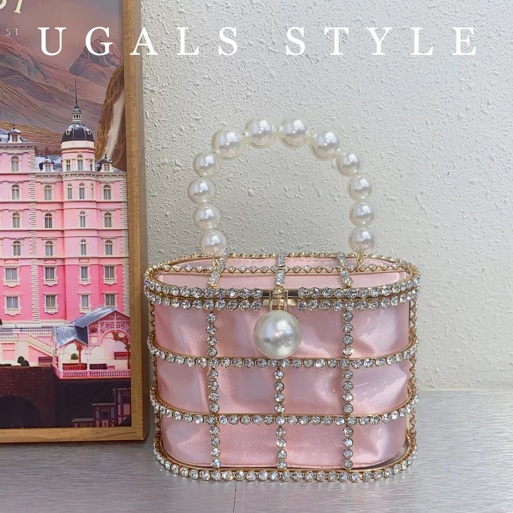 Metal Basket Bag With Rhinestones and Pearls Handle