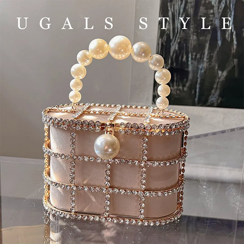 Metal Basket Bag With Rhinestones and Pearls Handle