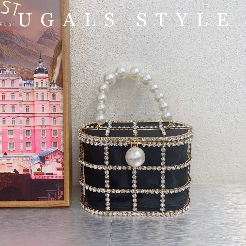 Metal Basket Bag With Rhinestones and Pearls Handle
