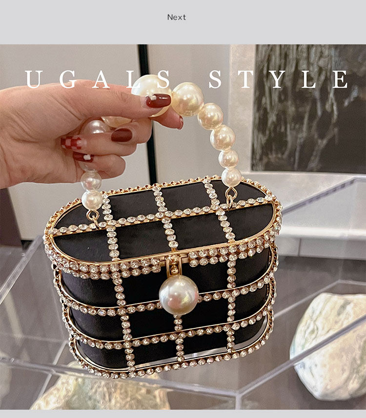Metal Basket Bag With Rhinestones and Pearls Handle