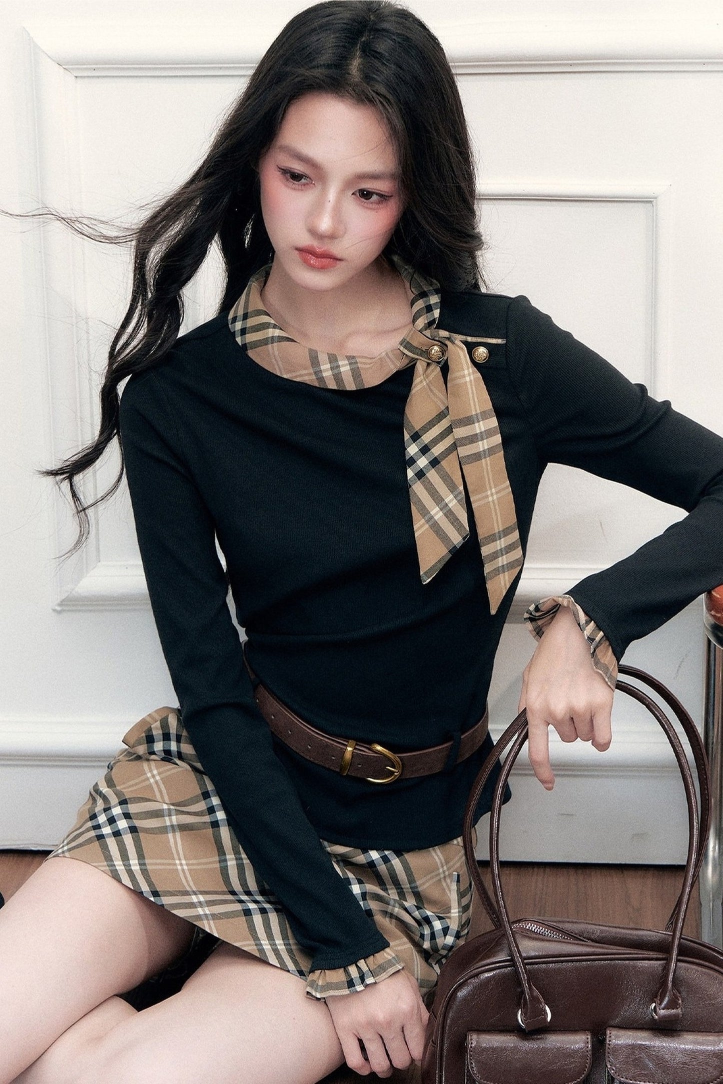 Ribbon Slim-Fit Blouse And Skirt