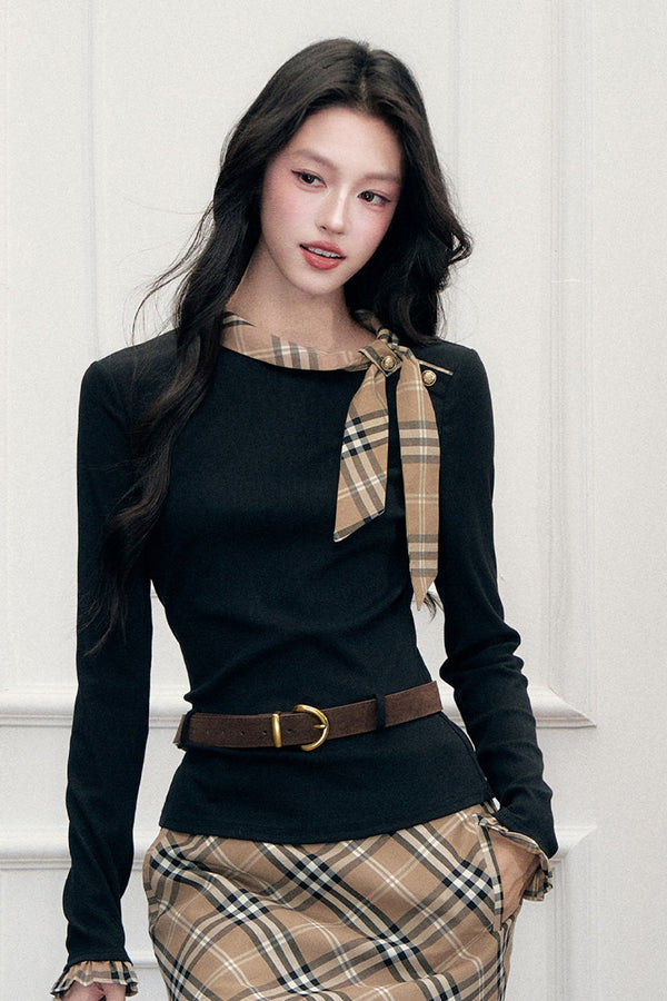 Ribbon Slim-Fit Blouse And Skirt