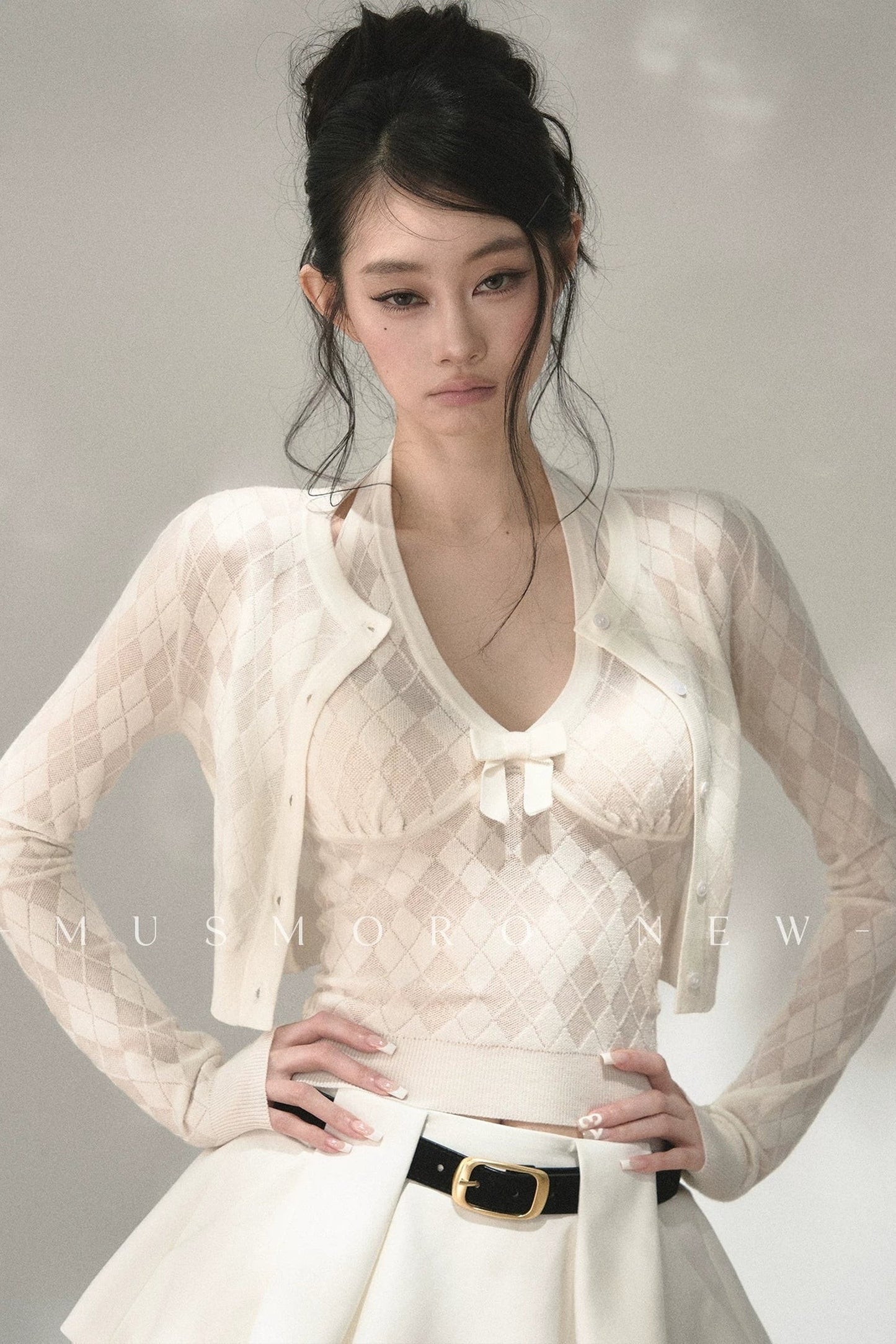 Argyle Knit Cardigan With Camisole Set-Up