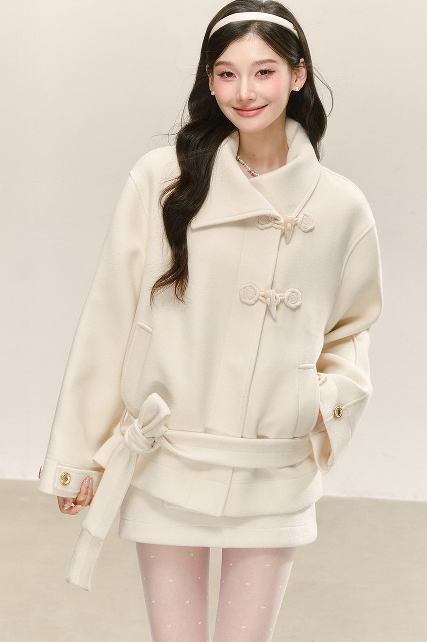 White Woolen Toggle Tie-Waist Coat