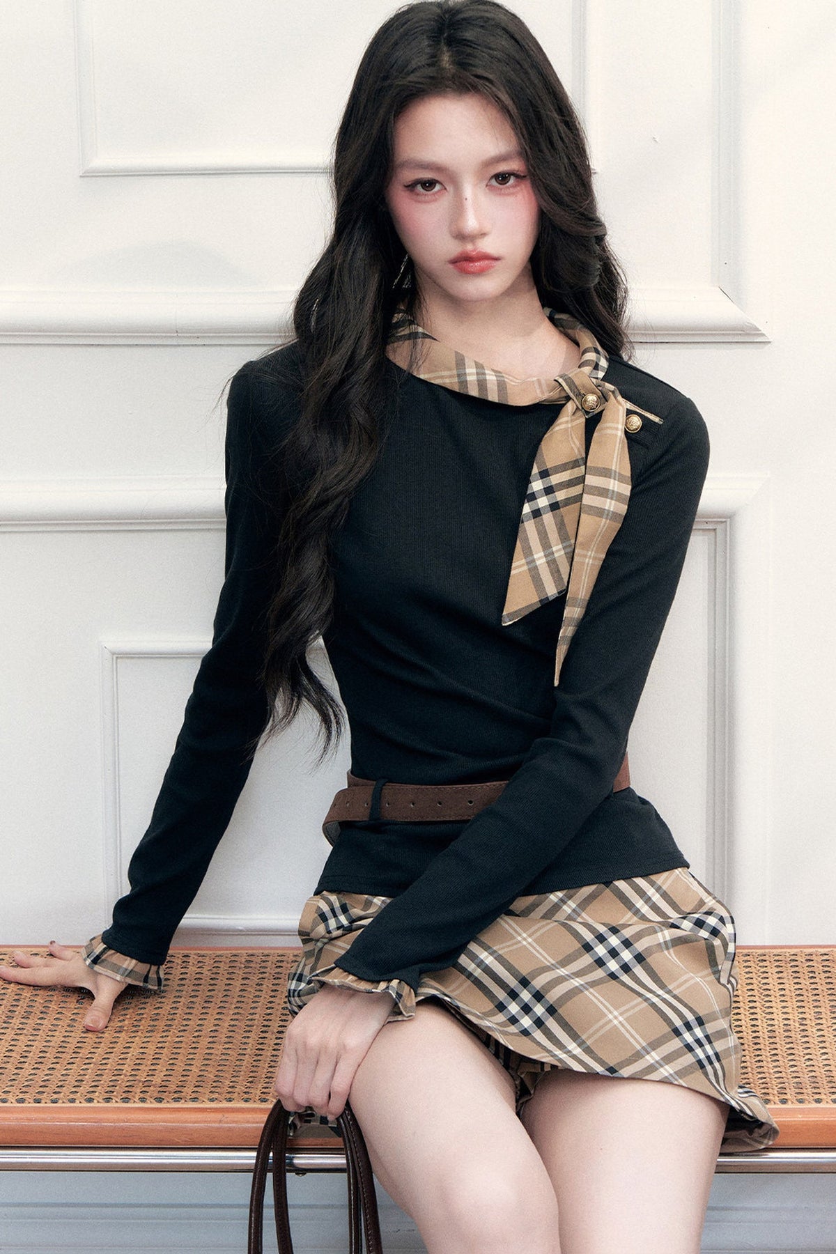 Ribbon Slim-Fit Blouse And Skirt