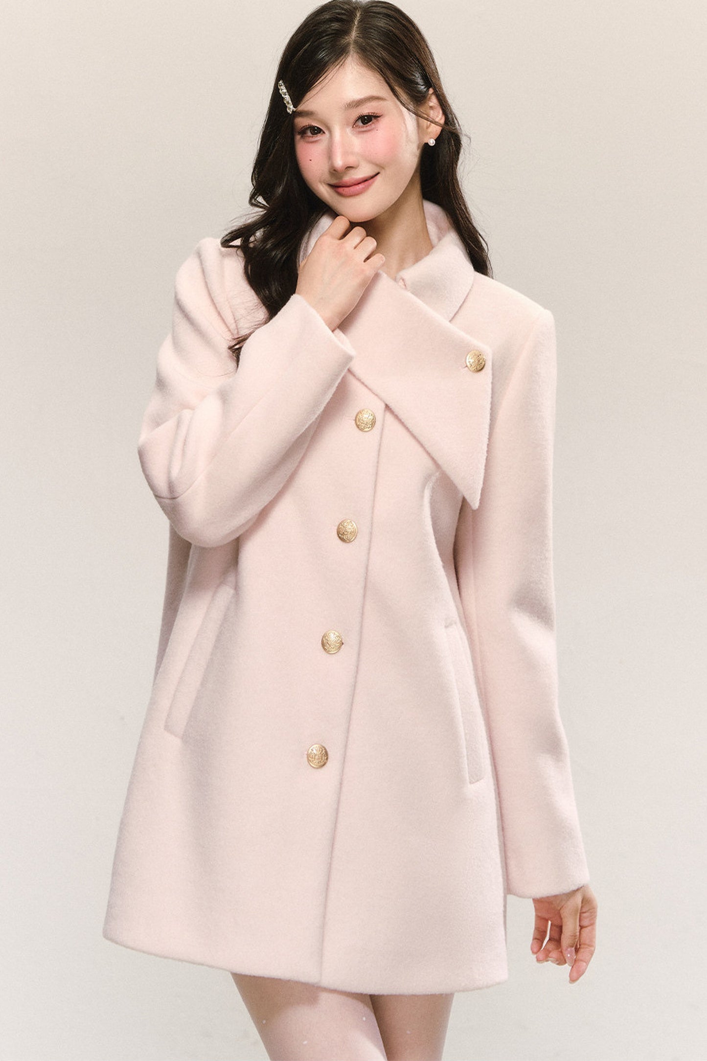 Pink Diagonal Collar Woolen Coat