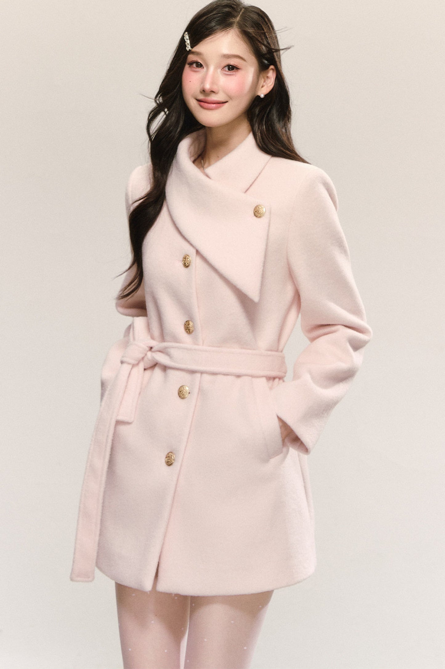 Pink Diagonal Collar Woolen Coat