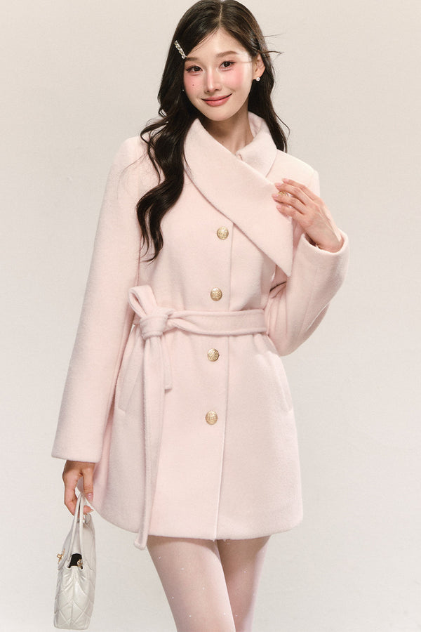 Pink Diagonal Collar Woolen Coat