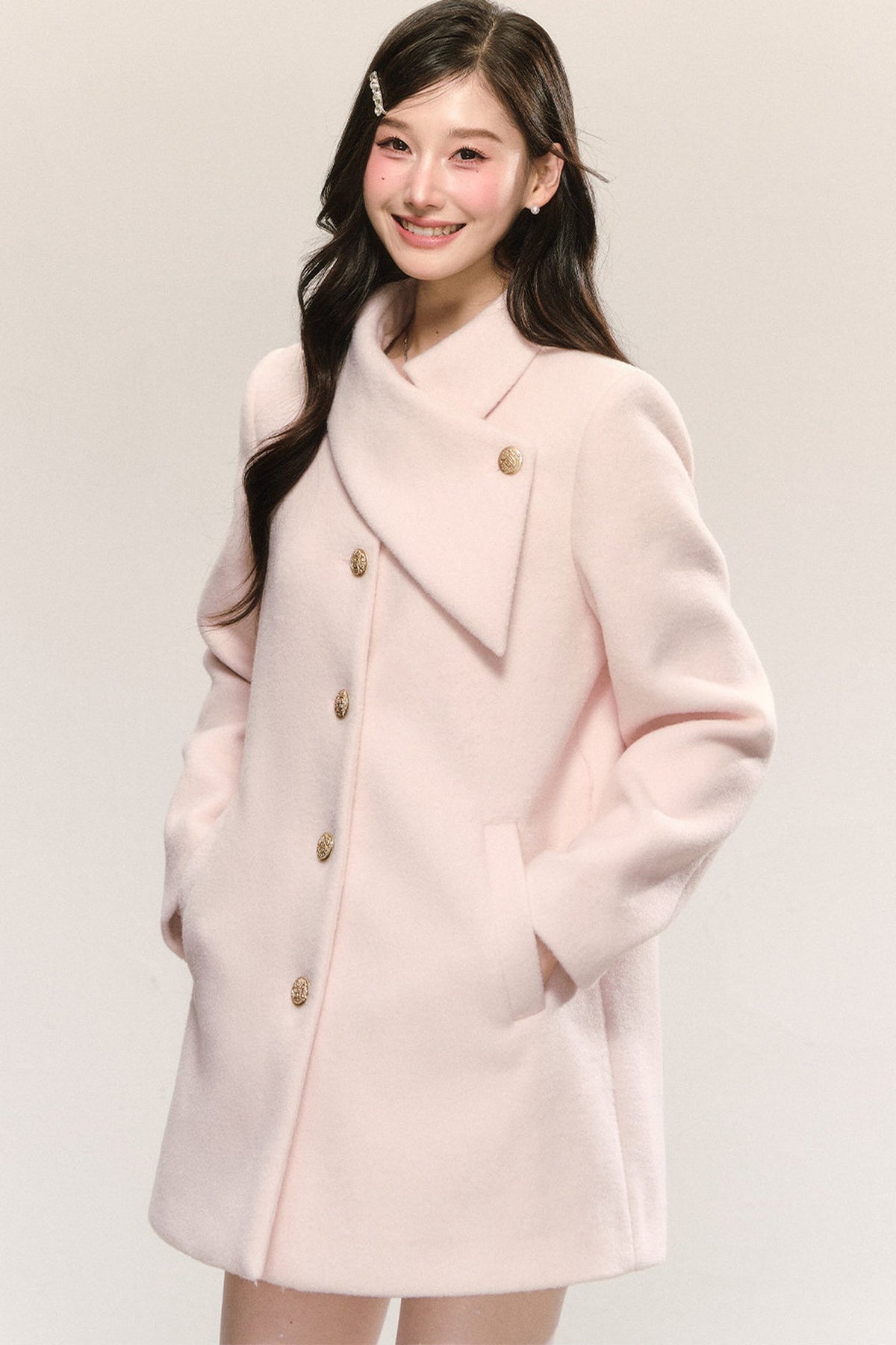 Pink Diagonal Collar Woolen Coat