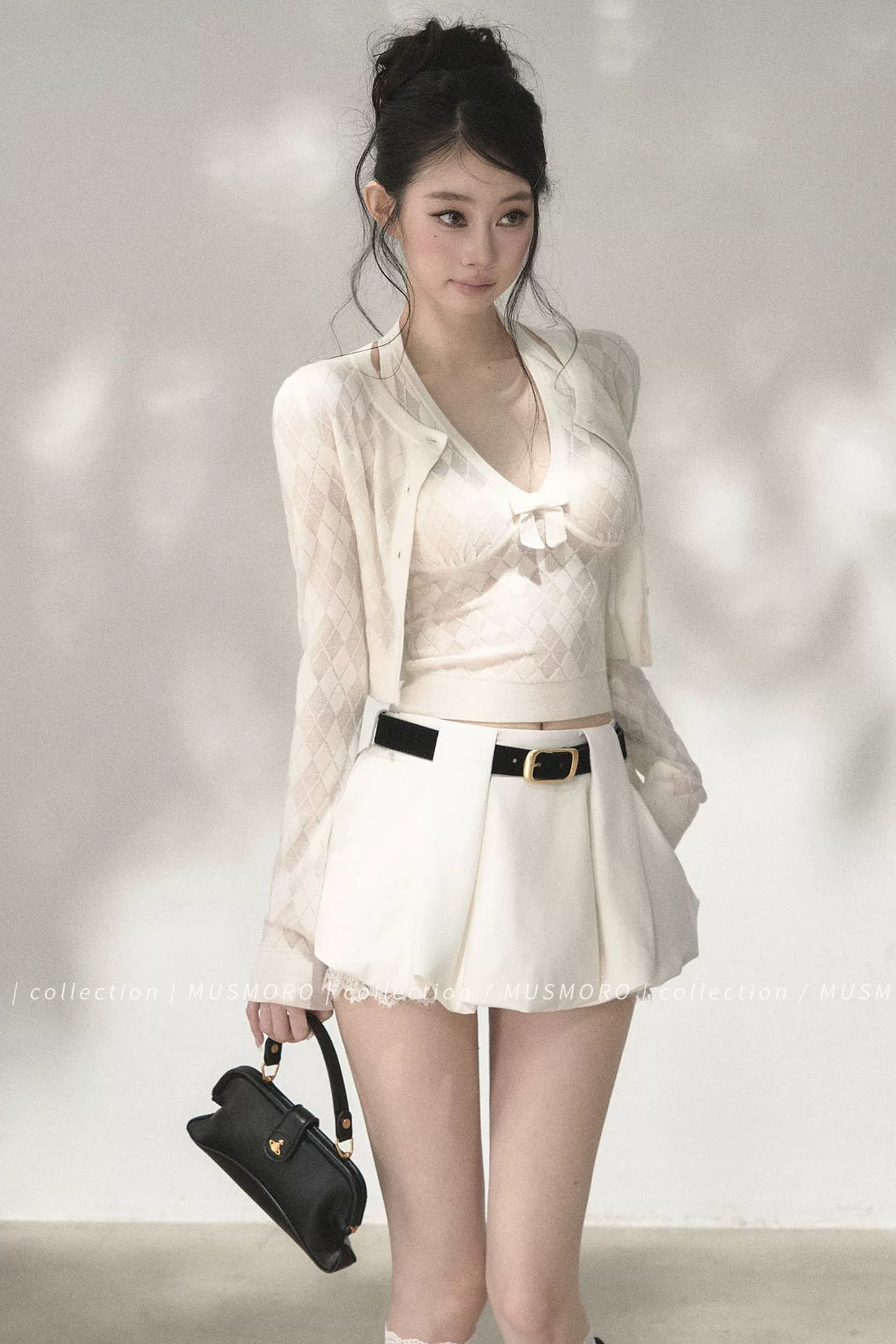 Argyle Knit Cardigan With Camisole Set-Up