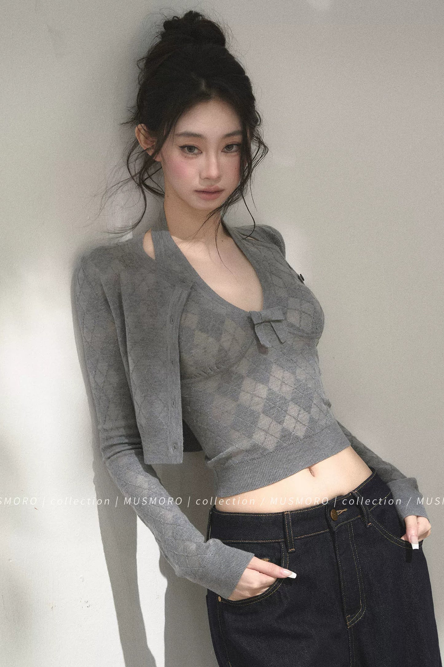Argyle Knit Cardigan With Camisole Set-Up