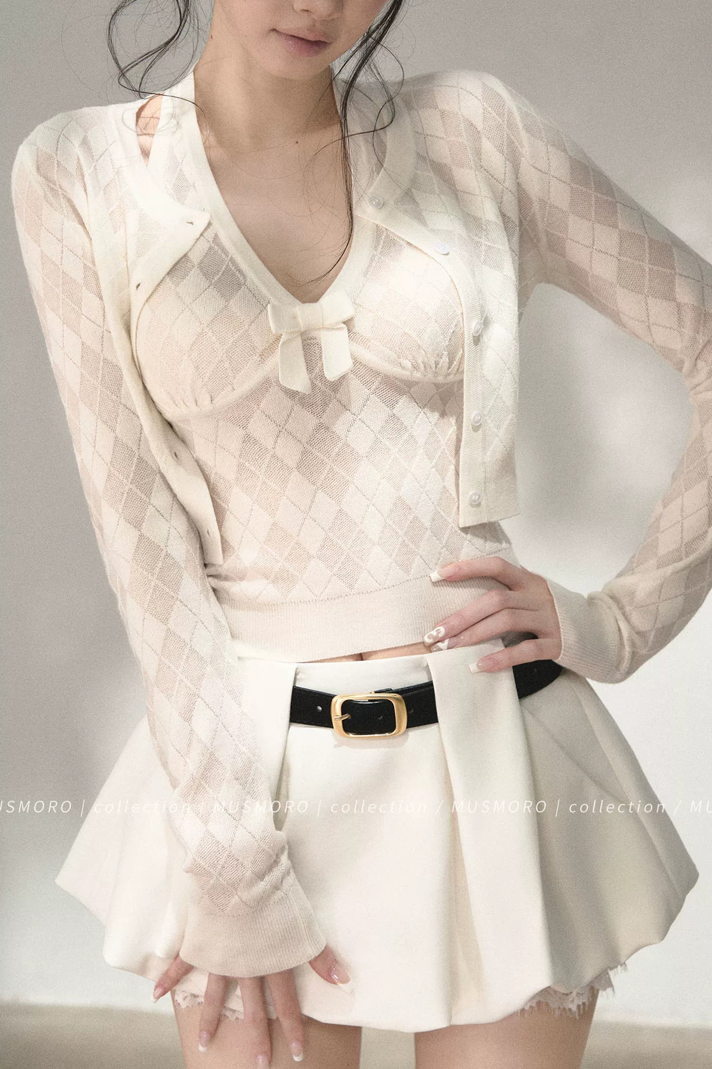 Argyle Knit Cardigan With Camisole Set-Up