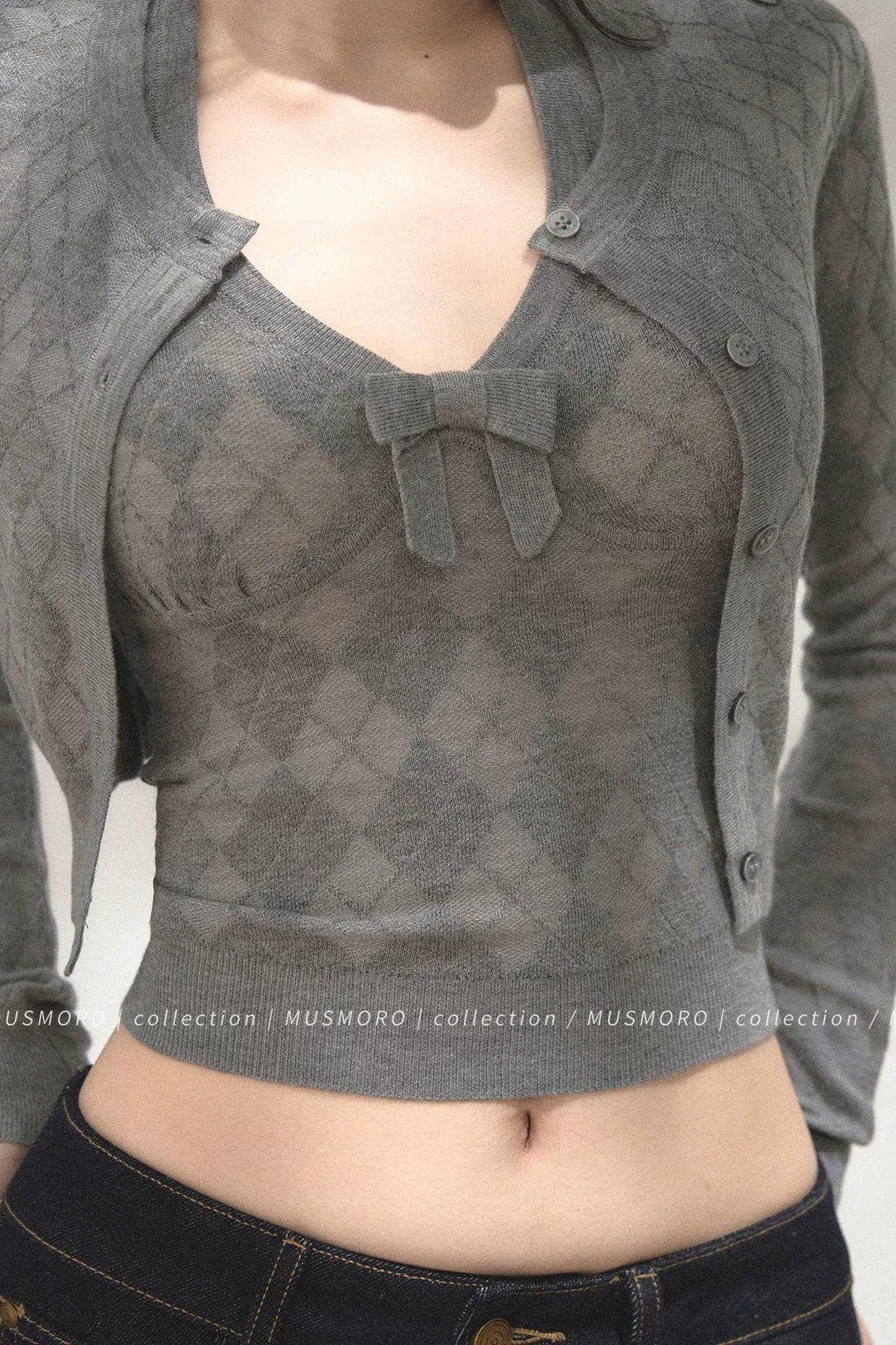 Argyle Knit Cardigan With Camisole Set-Up
