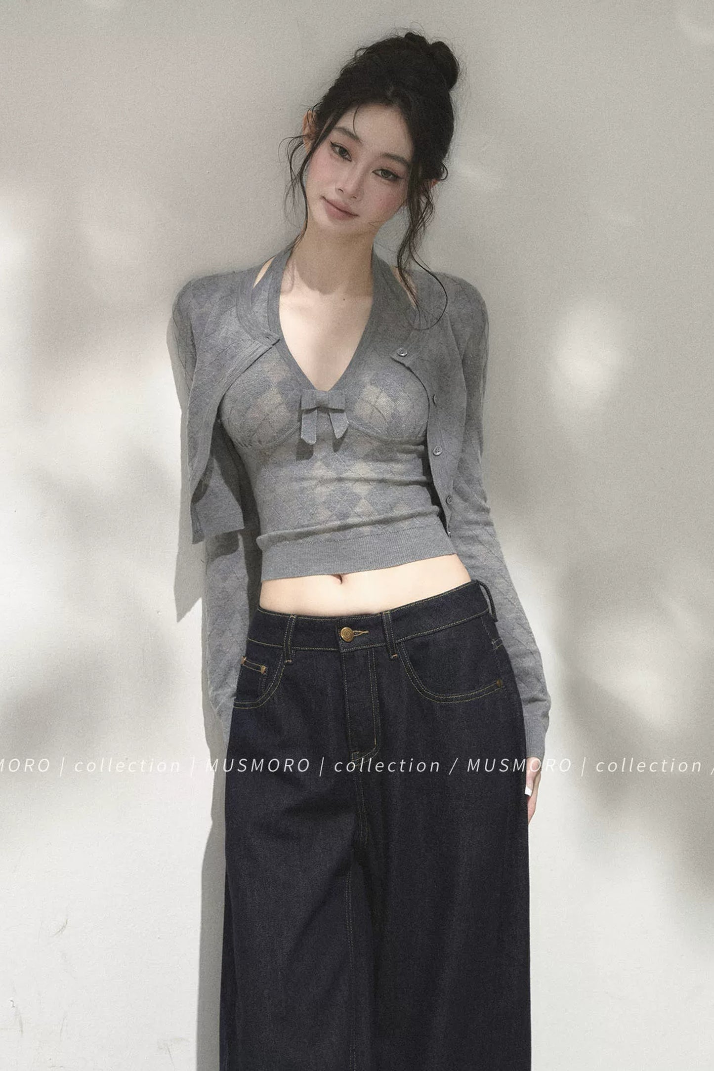 Argyle Knit Cardigan With Camisole Set-Up