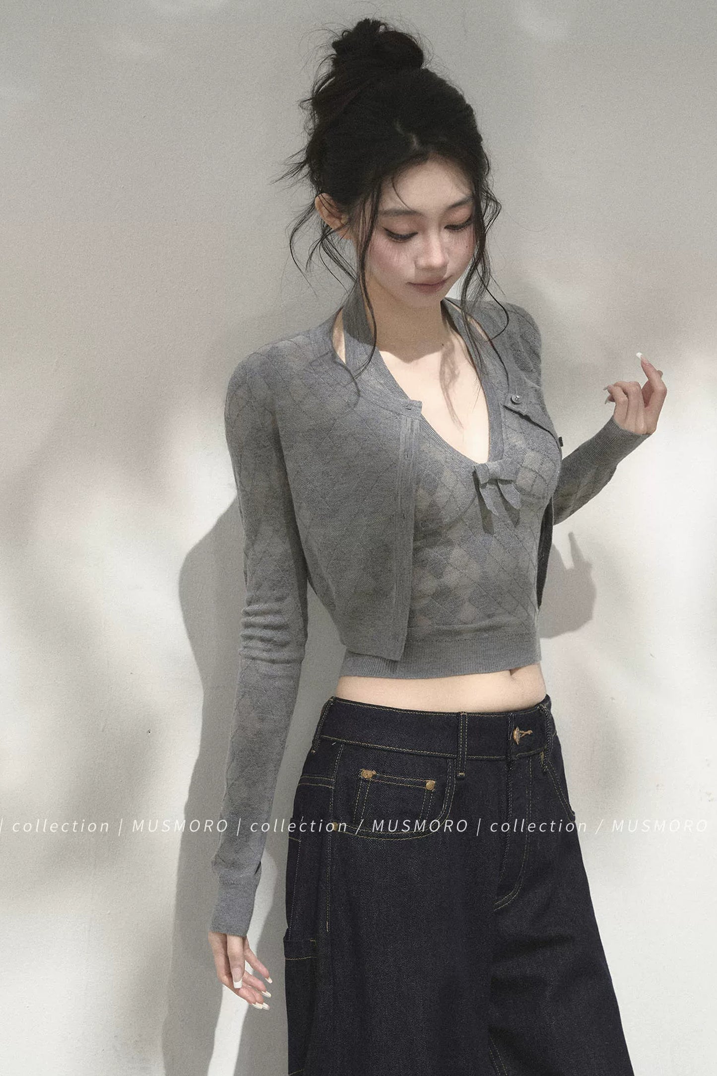Argyle Knit Cardigan With Camisole Set-Up