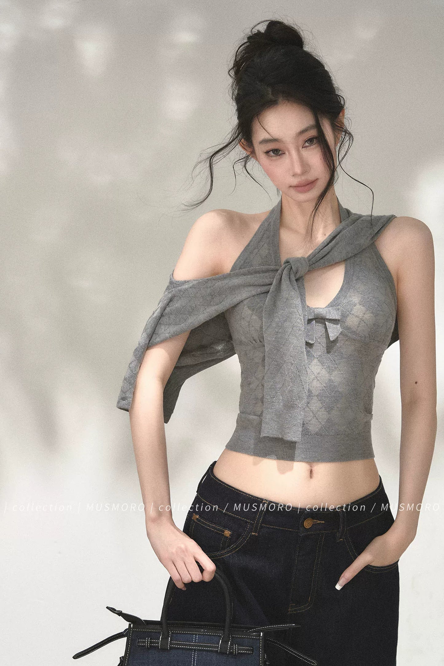 Argyle Knit Cardigan With Camisole Set-Up