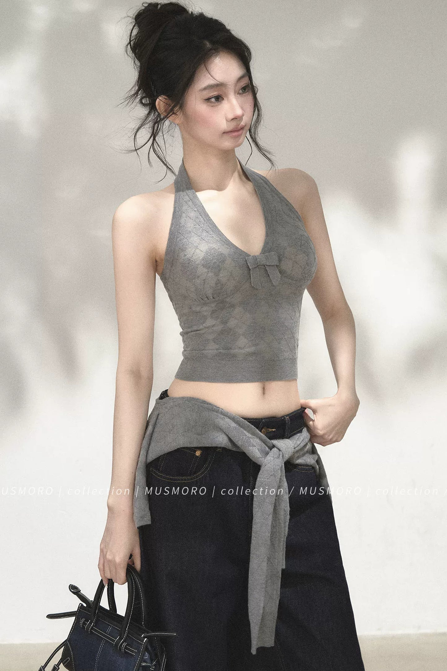 Argyle Knit Cardigan With Camisole Set-Up
